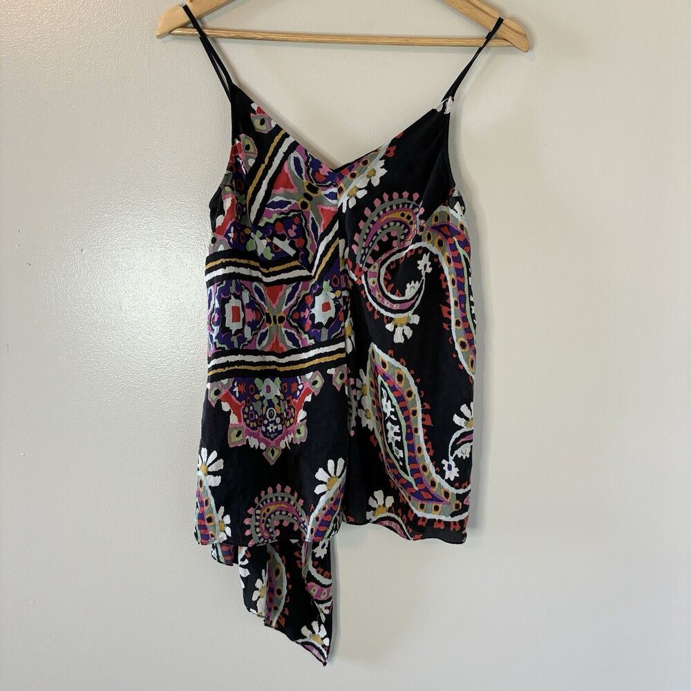 HD In Paris 100% Silk Tank Top Black Paisley Sleeveless Asymmetrical Sz 6